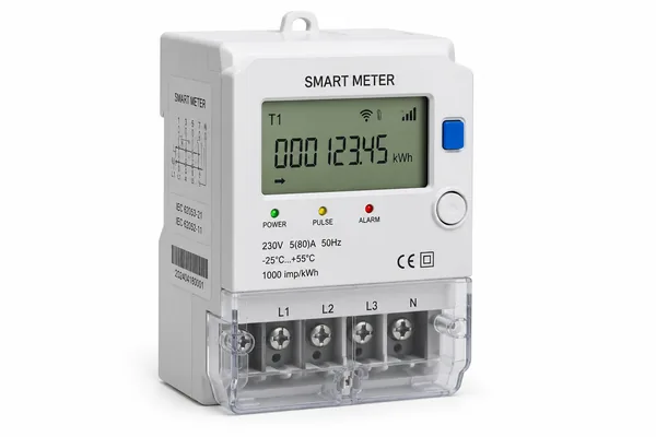 Contor inteligent de energie electrică cu afișaj digital, indicatori și borne de conectare, pe fundal alb.