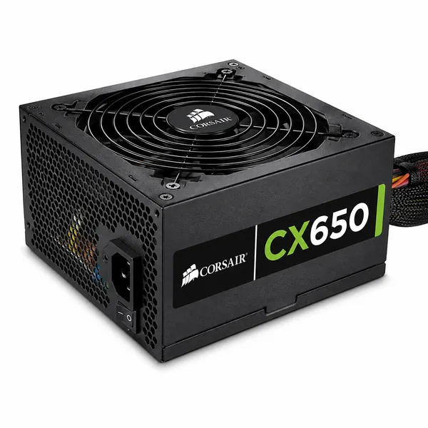 Sursă de alimentare PC Corsair CX650, de 650 W, cu ventilator integrat și cabluri de alimentare, prezentată pe fundal alb.