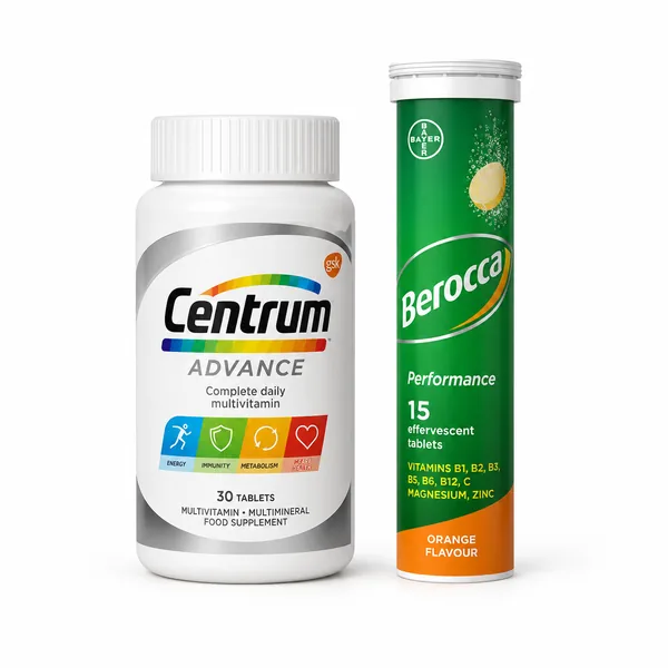 Vitamine și minerale Centrum și Berocca, prezentate împreună pe fundal alb.