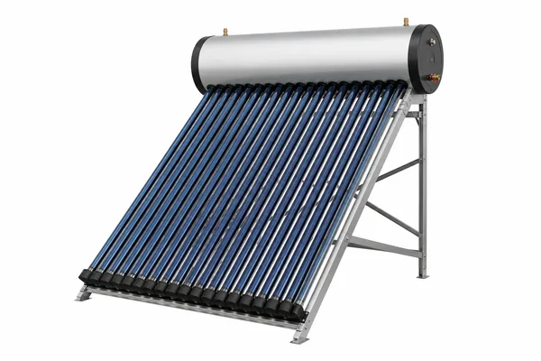 Panou solar termic cu tuburi vidate și rezervor de apă, montat pe structură metalică, pe fundal alb.