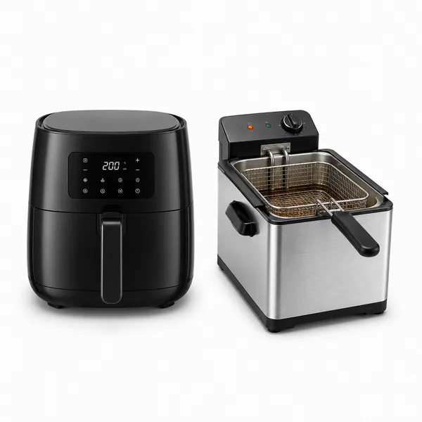 Air fryer generic negru si o friteuza cu ulei pe un fundal alb
