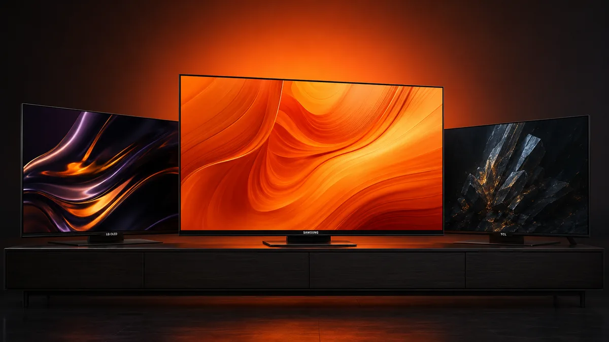 Trei televizoare: Samsung, LG si TCL pe un fundal portocaliu in tema VoucherVortex