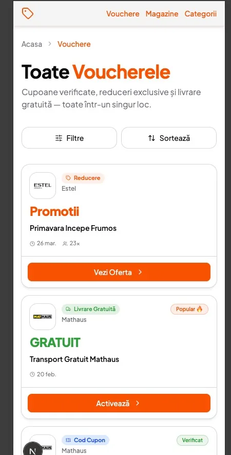 Prima versiune a paginii de listare a voucherelor pe mobil