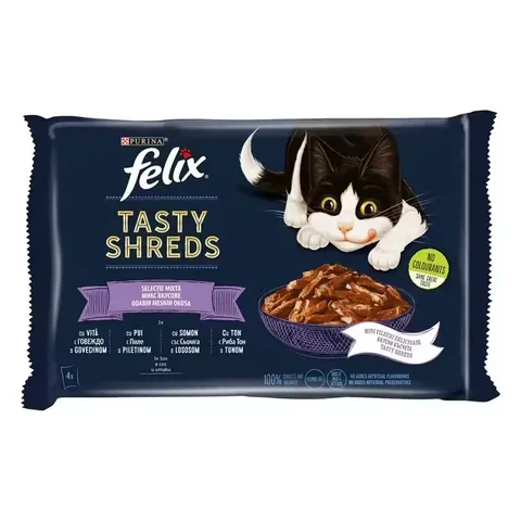 Hrana Umeda Pisici Purina Felix Tasty Shreds Vita Pui Somon si Ton in Sos 4x80g