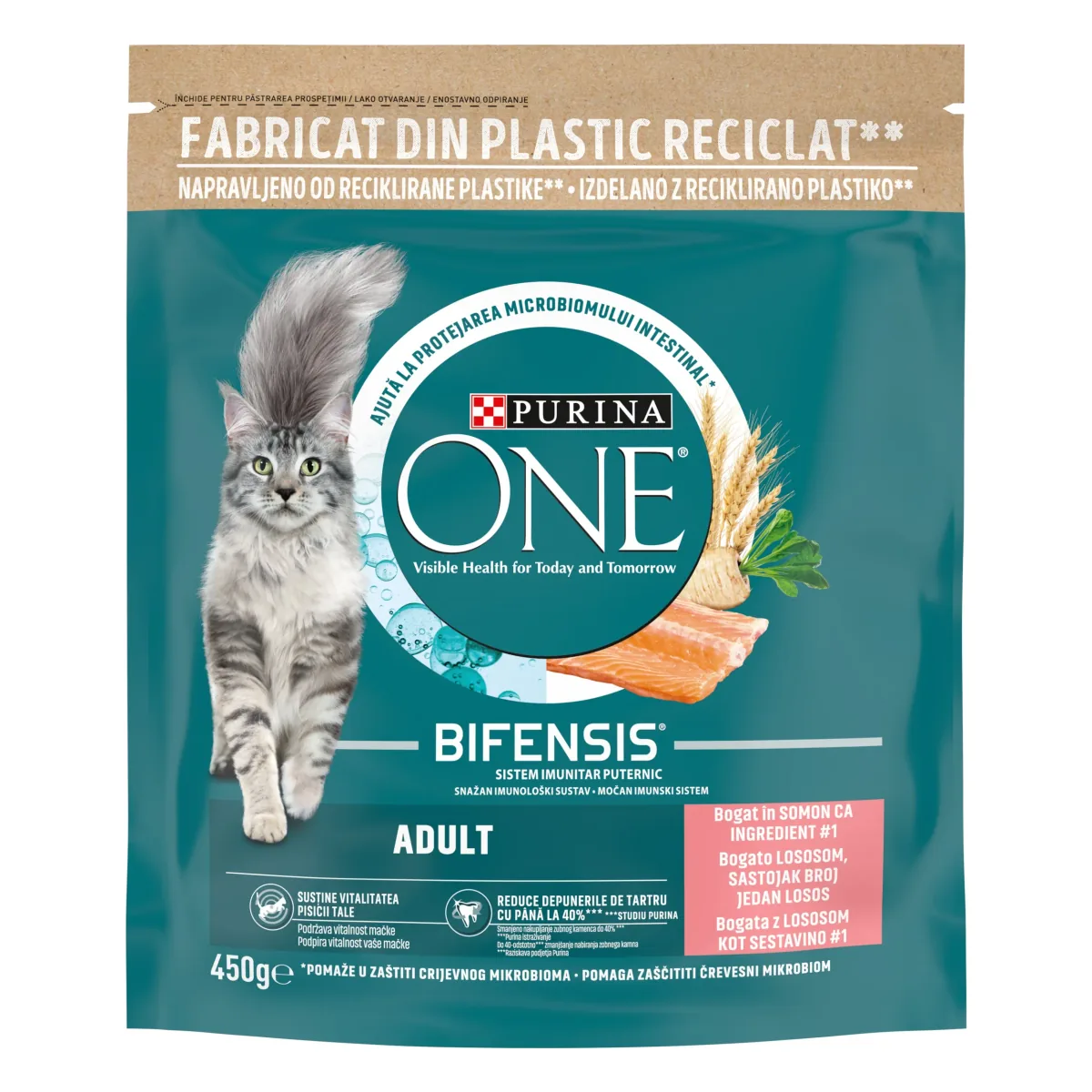 Hrana Uscata pentru Pisici Purina ONE Adult Somon si Cereale Integrale 450g