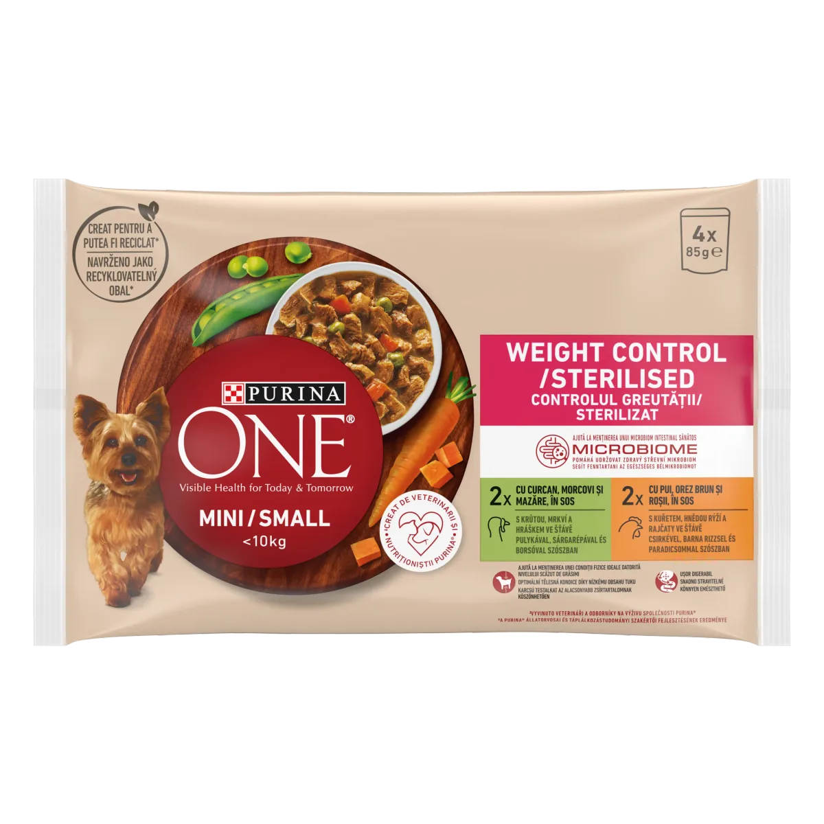 Hrana Umeda Caini Purina ONE MINI Weight Control si Sterilised Arome Curcan si Pui 4x85g