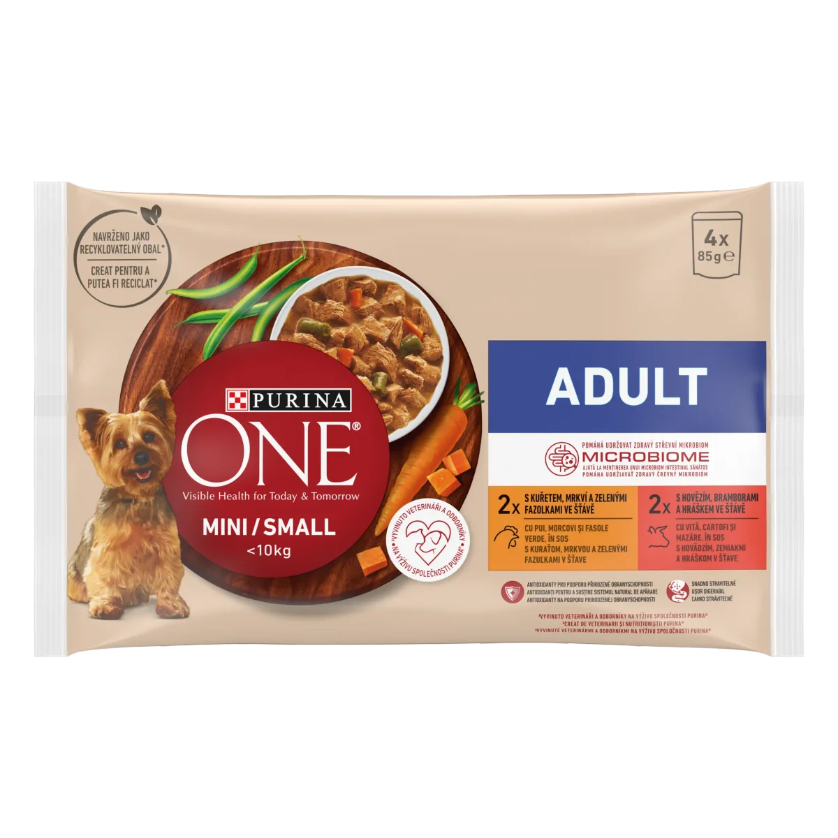 Hrana Umeda Caini Purina ONE Mini Adult Pui si Vita in Sos 4x85g