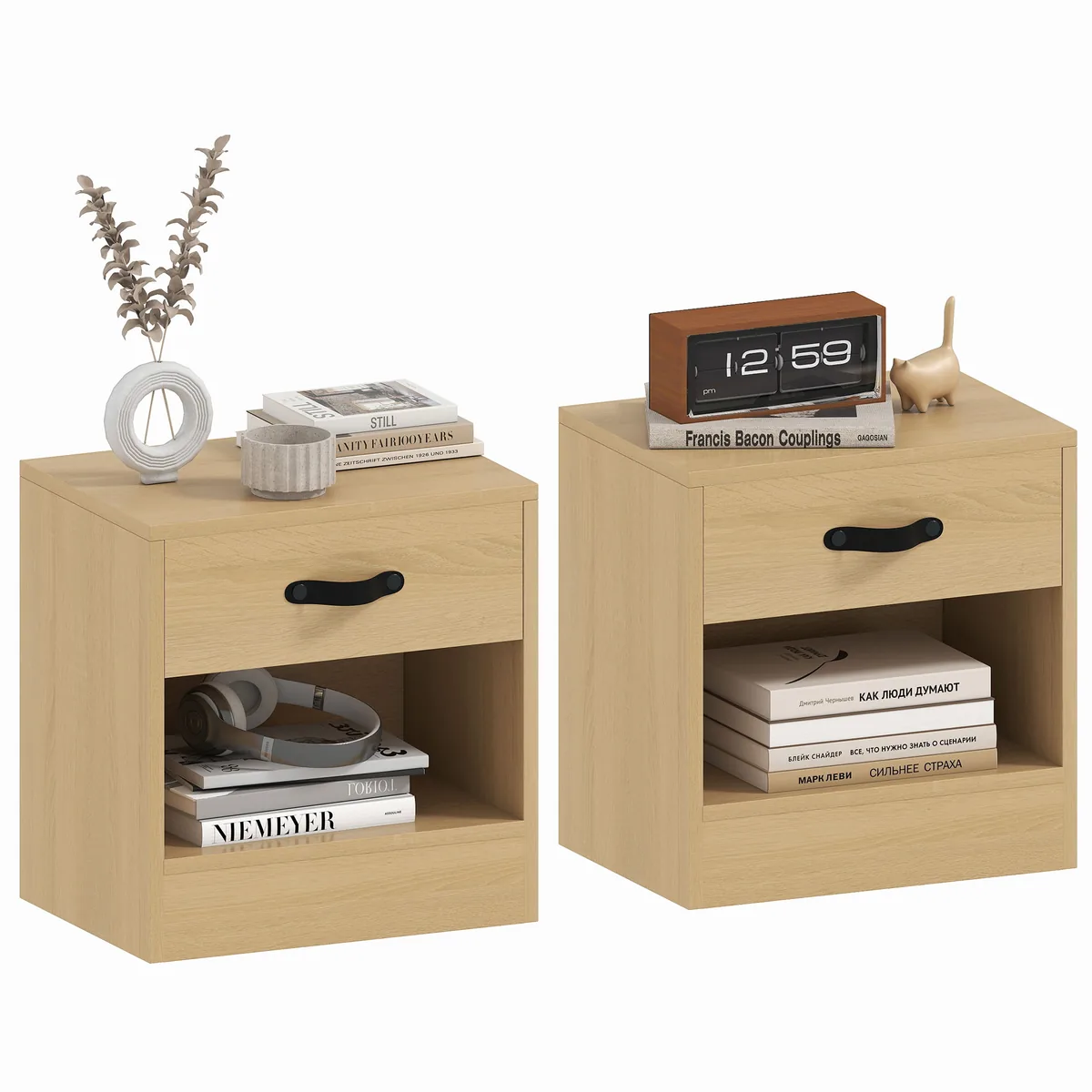 Noptiere HOMCOM Set 2 cu Sertar si Compartiment Deschis 39x28x41cm Natural