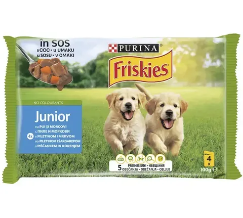 Hrana Umeda pentru Caini Junior Friskies Dog Junior Pui si Morcov 4x100g