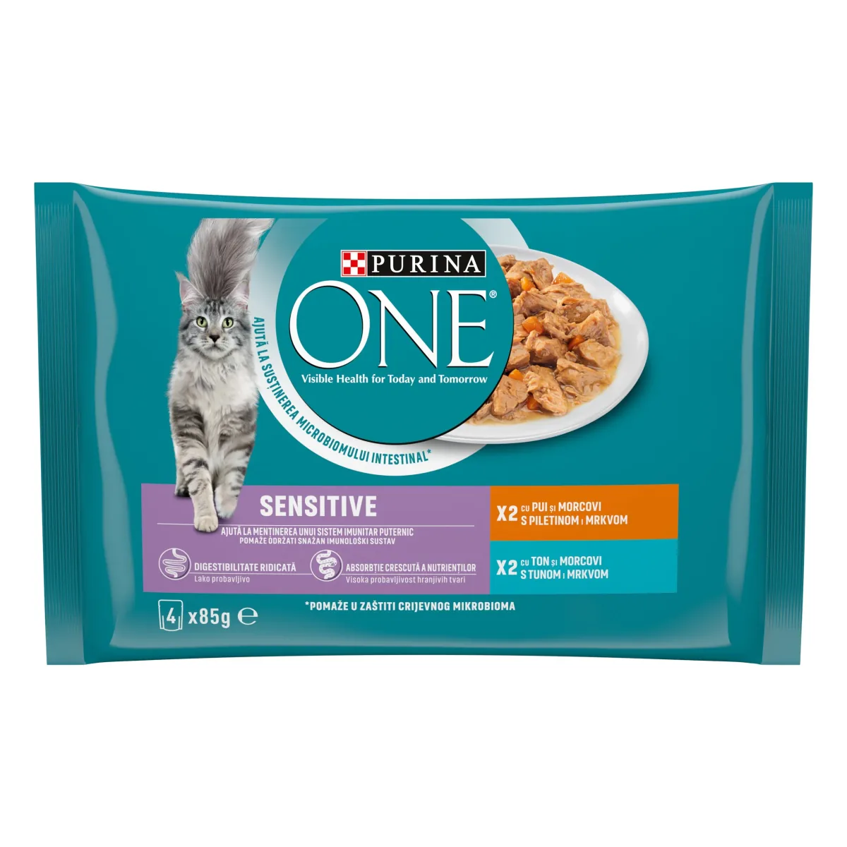 Hrana Umeda pentru Pisici Purina ONE Sensitive Mini Fileuri in Sos Pui si Ton 4x85g