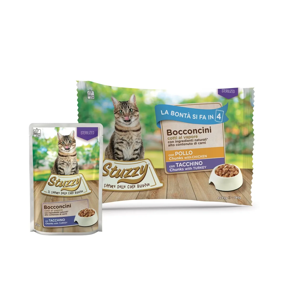 Hrana Umeda pentru Pisici Stuzzy Sterilized Bucati Pui si Curcan in Sos 4x85g