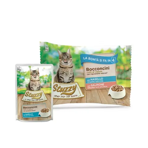 Hrana Umeda Pisici Stuzzy Pack Bucati Gelatina Cod si Somon 4x85g