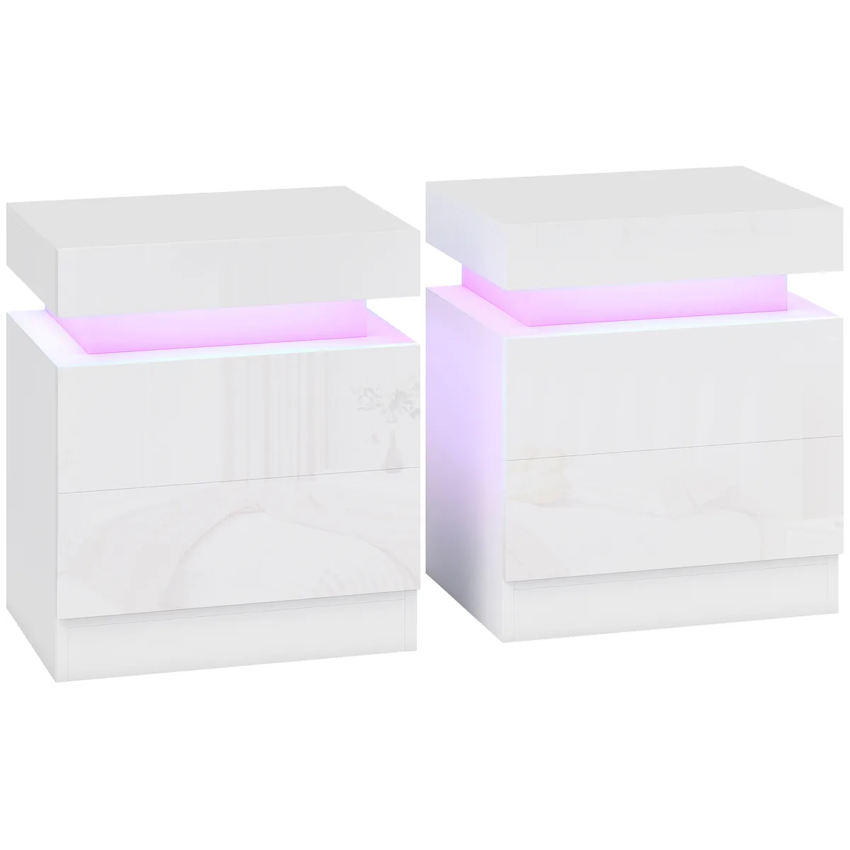 Set 2 Noptiere HOMCOM LED 4 Moduri 2 Sertare PAL 45x35x52cm Alb Lucios