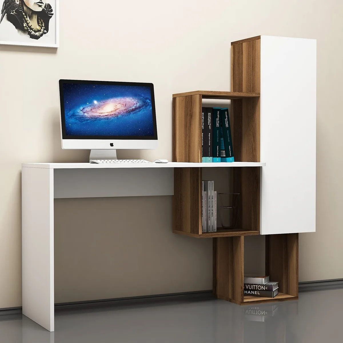 Birou cu Dulapior Nobrand Acelya 145x74.8x45cm Nuca si Alb