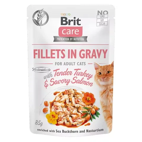 Hrana Umeda pentru Pisici Brit Care Cat Fillets in Gravy Curcan si Somon 85g
