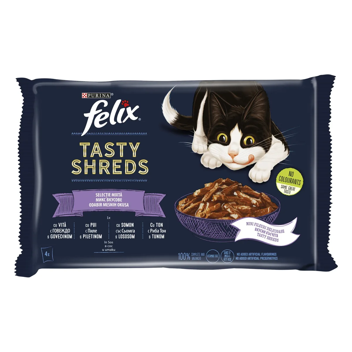 Plic Felix Tasty Shreds Selectie Mixta Vita Pui Somon Ton 4x80g