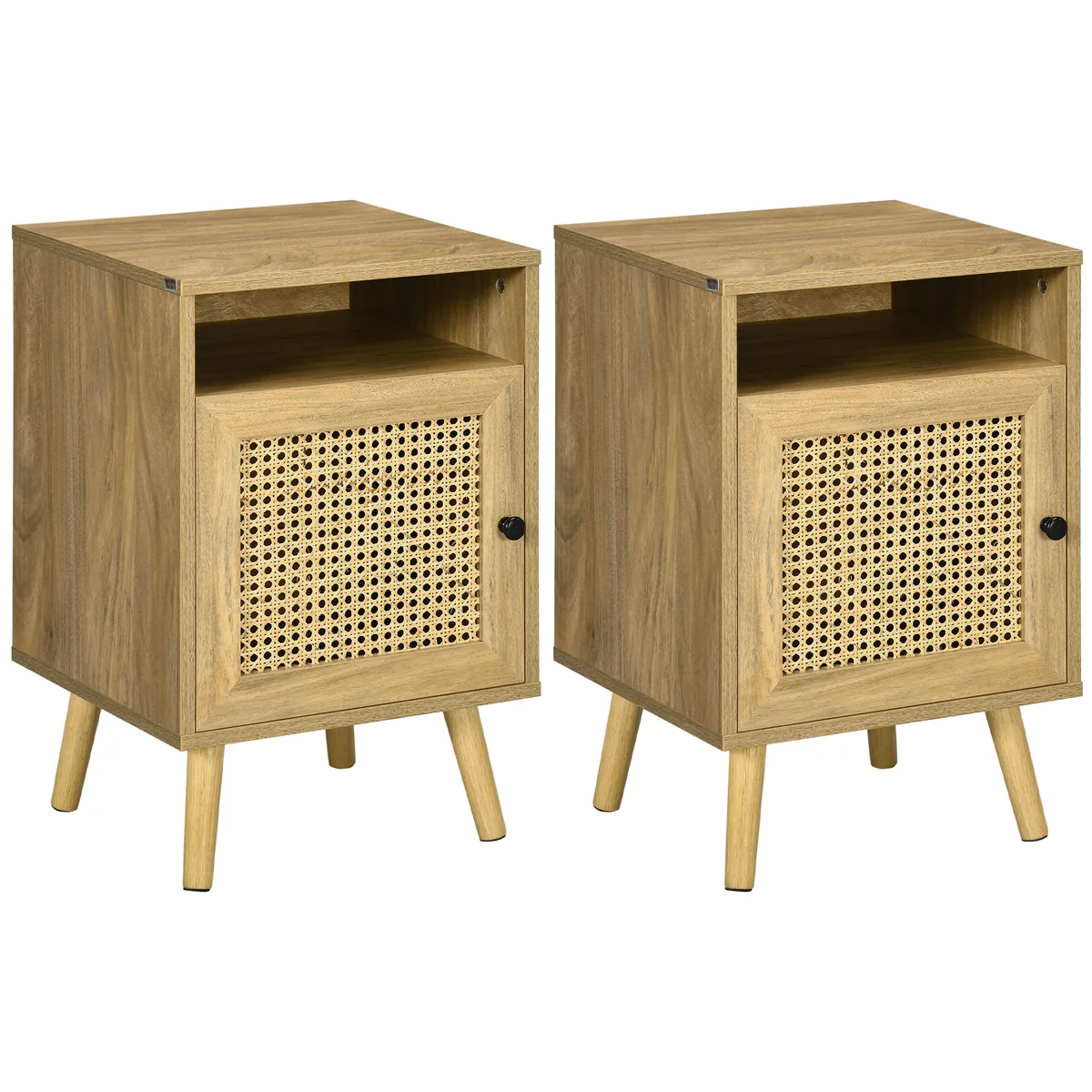 Set 2 Noptiere HOMCOM Moderne cu Dulap si Raft Deschis Pal Ratan MDF 39x35x60cm