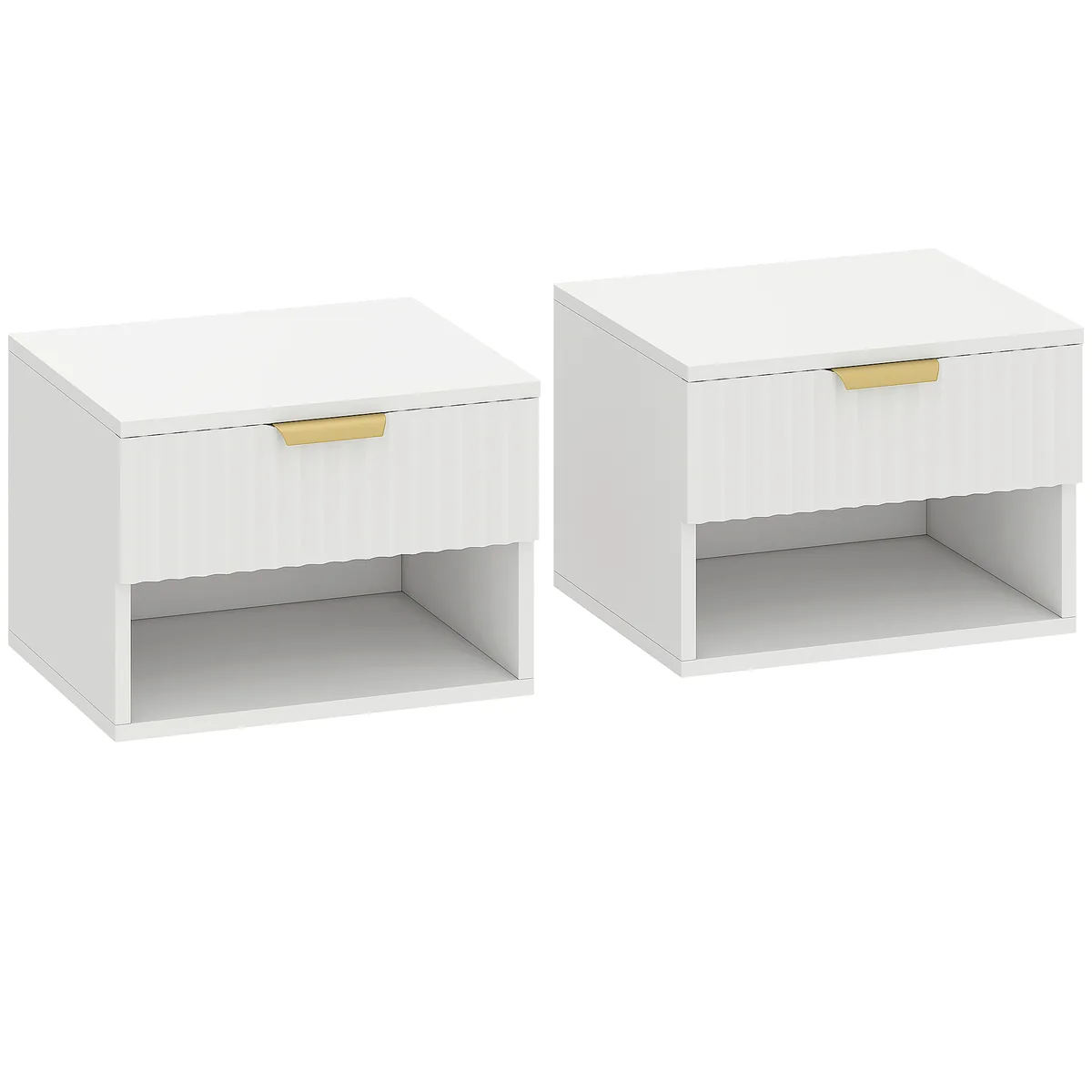 Noptiere Suspendate HOMCOM Set 2 Panouri Canelate Sertar si Raft Alb 40x34x29cm