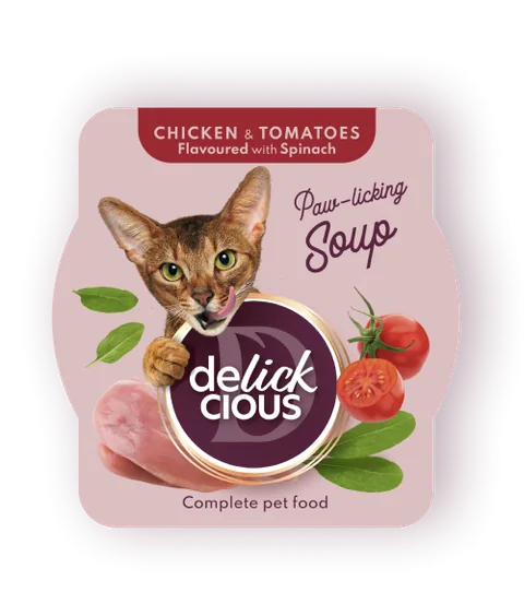 Supa pentru Pisici Delickcious Pui cu Rosii si Spanac 80g