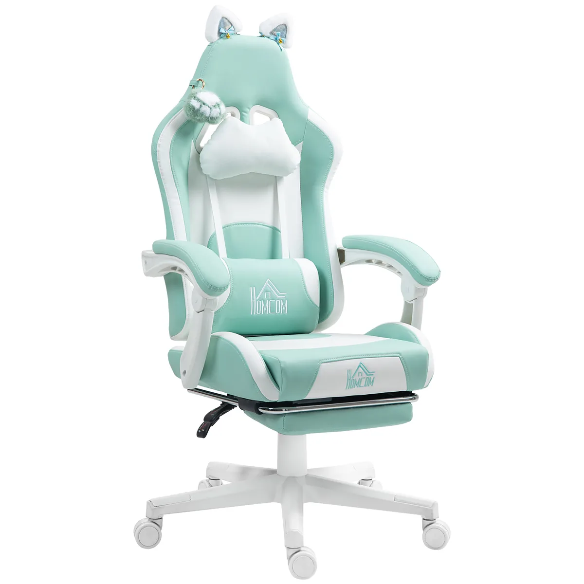 Scaun Gaming HOMCOM Suport Picioare Perne Piele Albastru Alb Pisica