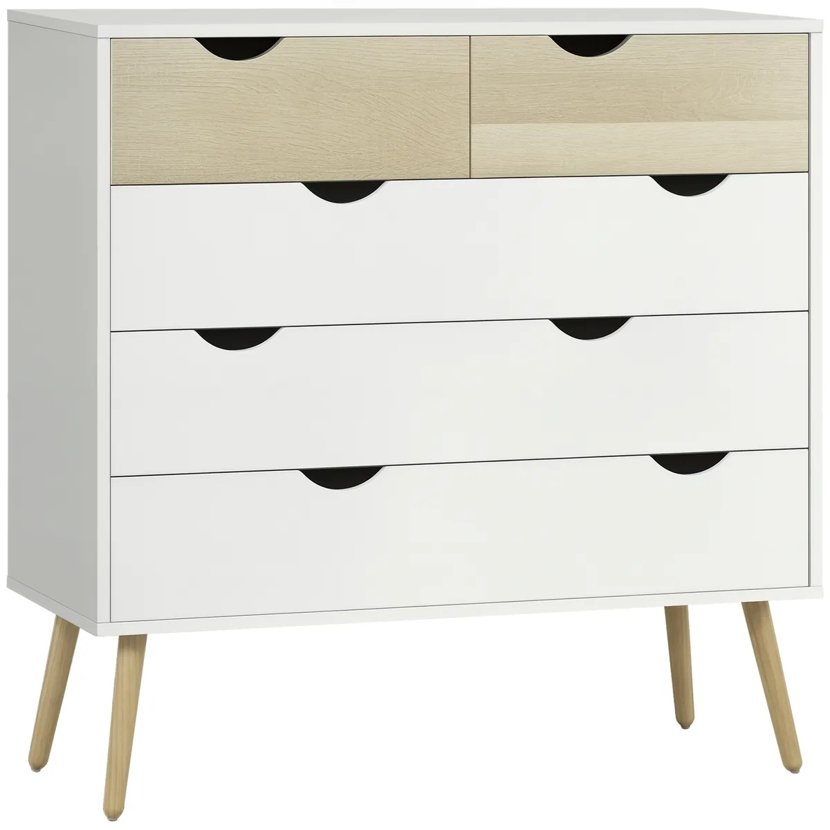 Comodă HOMCOM 5 Sertare Design Scandinav Alb Aspect Stejar Deschis