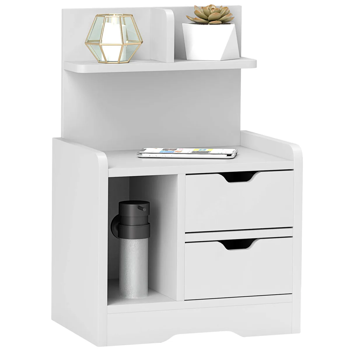 Noptieră HOMCOM 2 Sertare Raft Deschis 40x30x60cm Alb