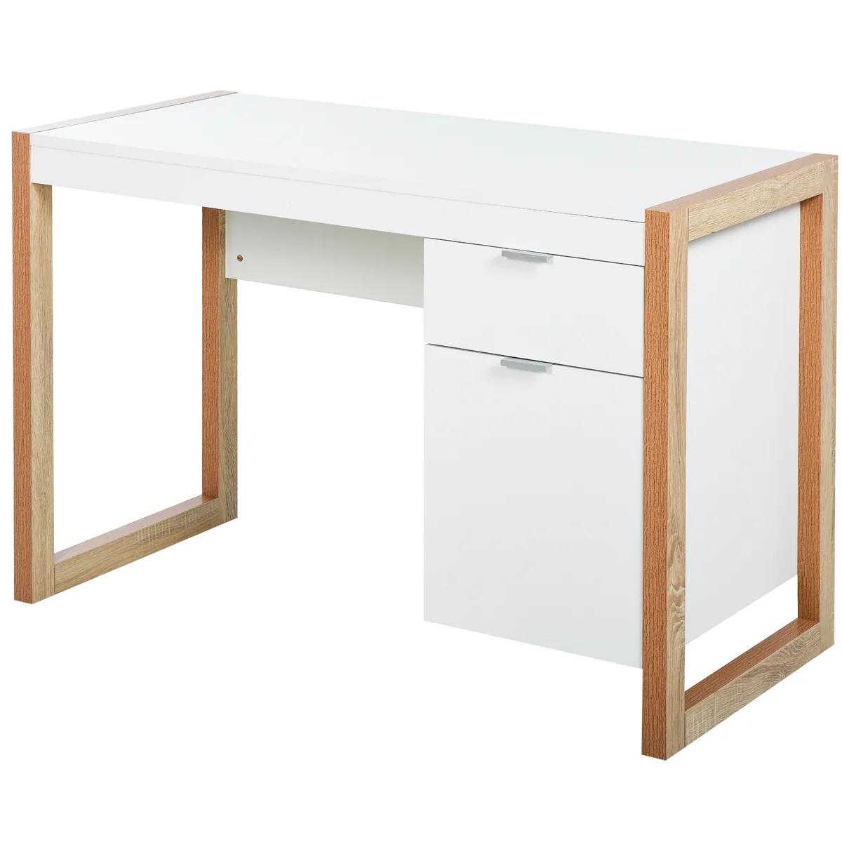 Birou de Lucru HOMCOM Spatios cu Sertar si Dulap Picioare Cadru 112.5x50x75.5cm Alb