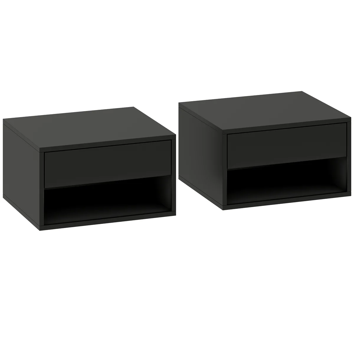Set de 2 Noptiere HOMCOM Montate pe Perete cu Sertar si Raft Deschis 37 x 32 x 21 cm Negru