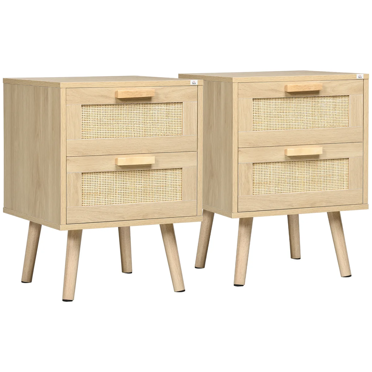 Set 2 Noptiere HOMCOM Boho Elegante cu 2 Sertare 40x40x56cm Lemn Natural