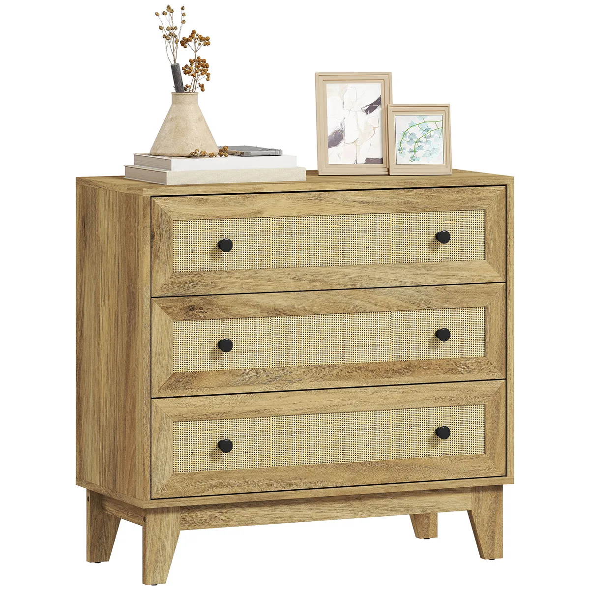 Comoda Homcom cu 3 Sertare Ratan Cannage 80x35x76 cm Natural