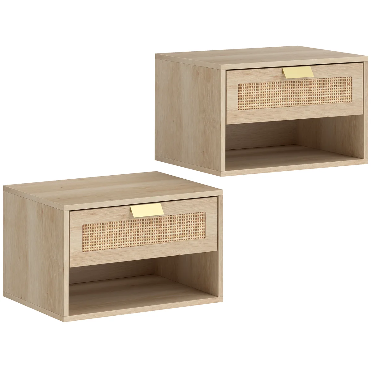 Set 2 Noptiere HOMCOM Suspendate cu Sertar Raft Deschis Ratan Stejar 40x30x25cm