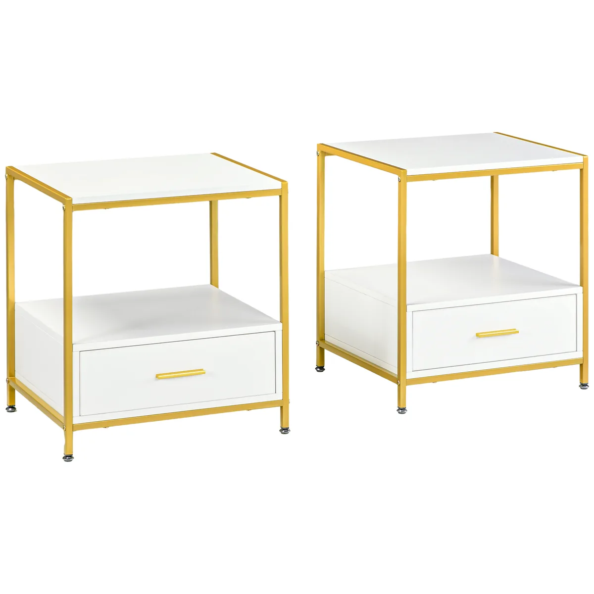 Set de Noptiere HOMCOM cu Sertar si Raft Alb si Auriu 50x40x55cm
