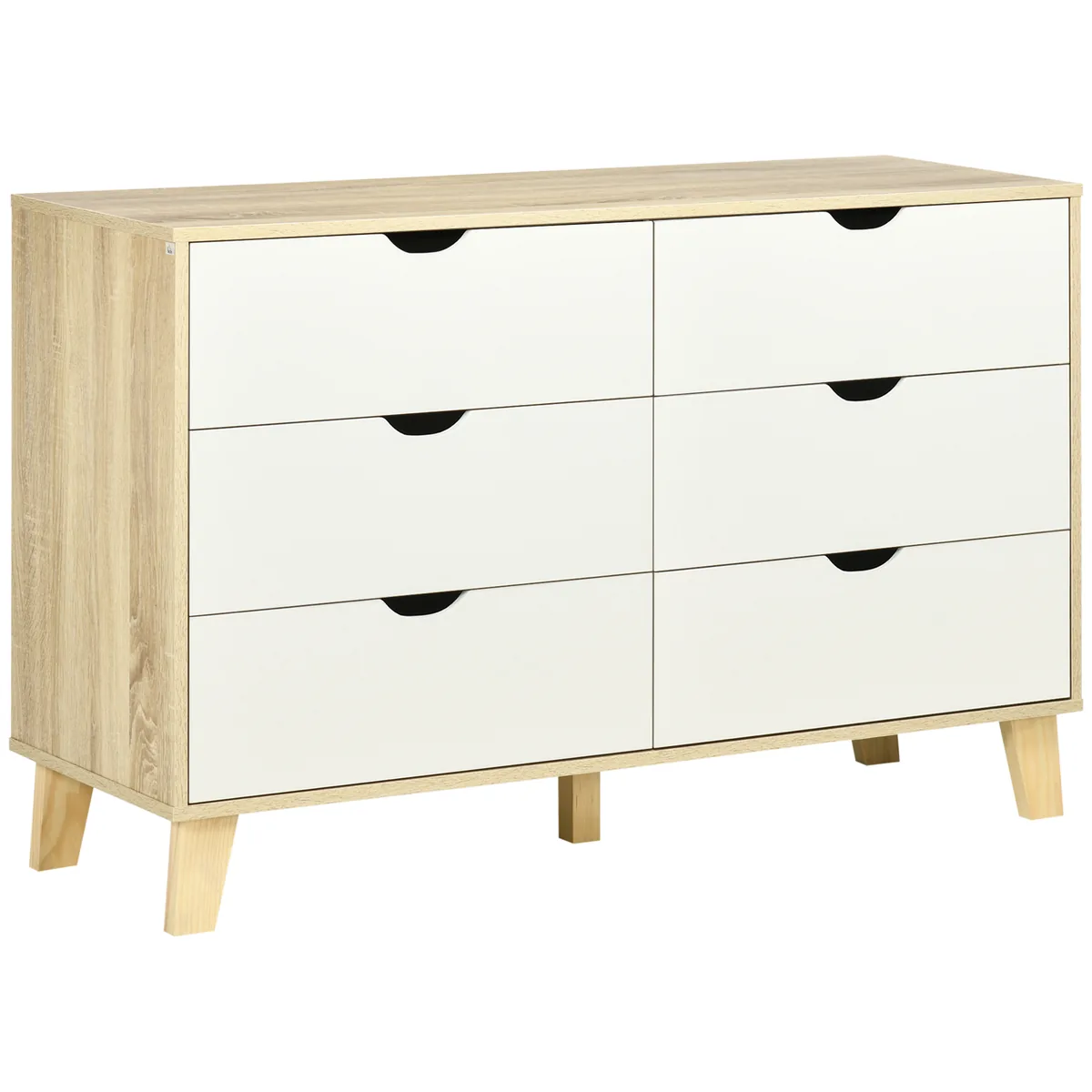 Comodă Homcom 6 Sertare Lemn Natural Mânere Sculptate Picioare Trapezoidale