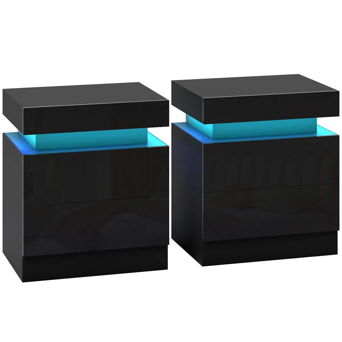 Set 2 Noptiere HOMCOM LED 4 Moduri 2 Sertare Lemn 45x35x52 cm Negru Lucios