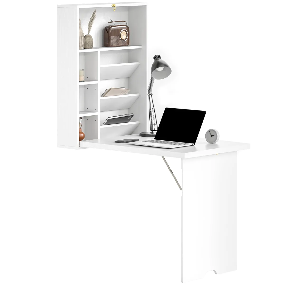Birou Pliabil de Perete HOMCOM 93.8x60x147cm cu Rafturi Alb