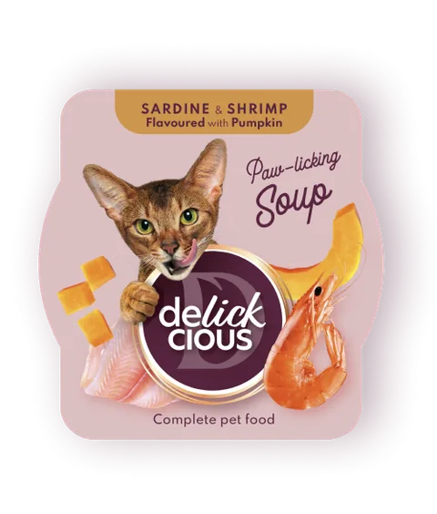 Supa pentru Pisici Delickcious Sardine Cu Creveti Si Dovleac 80g