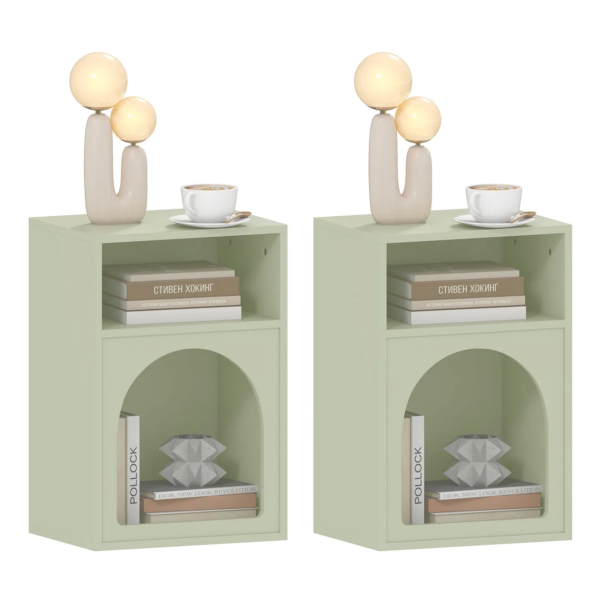 Mese de Noapte HOMCOM Lot de 2 Cu Compartimente Deschise Verde Deschis 40x30x60 cm