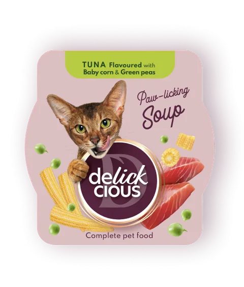 Supa pentru Pisici Delickcious Ton cu Porumb si Mazare Verde 80g