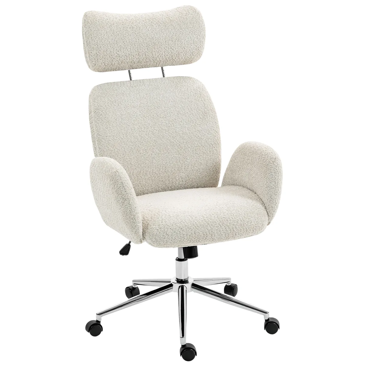 Scaun de Birou Rotativ HOMCOM Bouclé Tetieră Gri Deschis-Alb