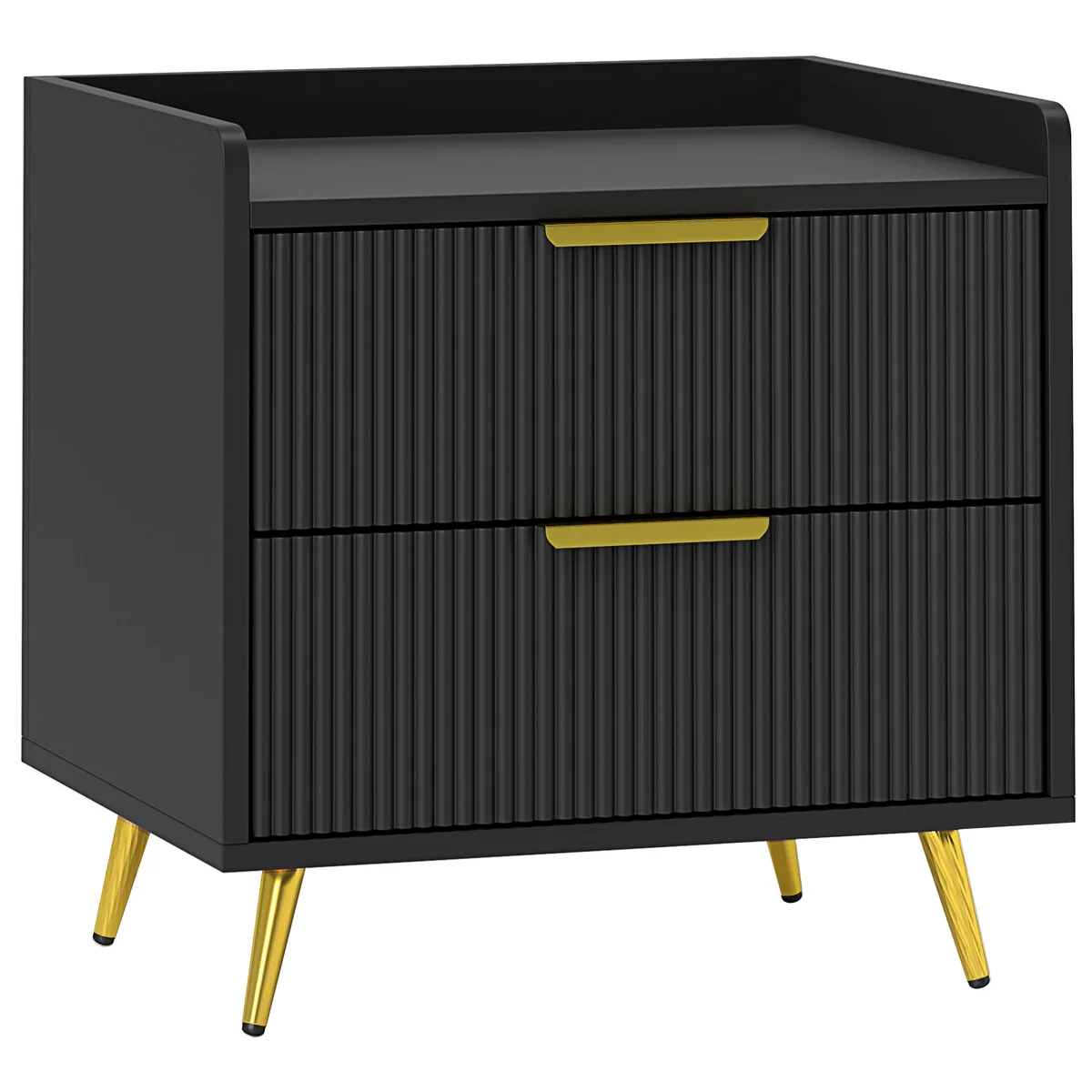Noptieră HOMCOM 2 Sertare Canelate Picioare Metalice Aurii 50x40x50cm Negru