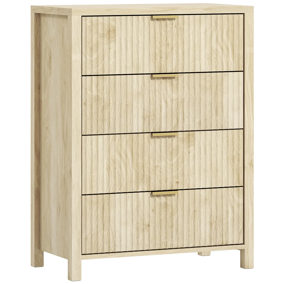 Comodă HOMCOM 4 Sertare Canelate Mânere Aurii Lemn Natural 70x38x93cm