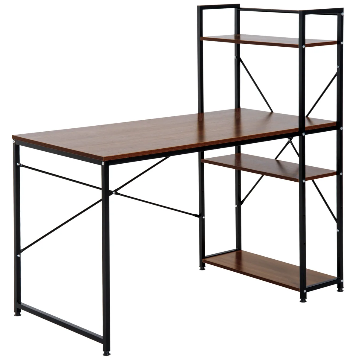 HOMCOM Birou de Colț Cu Bibliotecă 3 Rafturi Design Industrial Nuc Metal Negru
