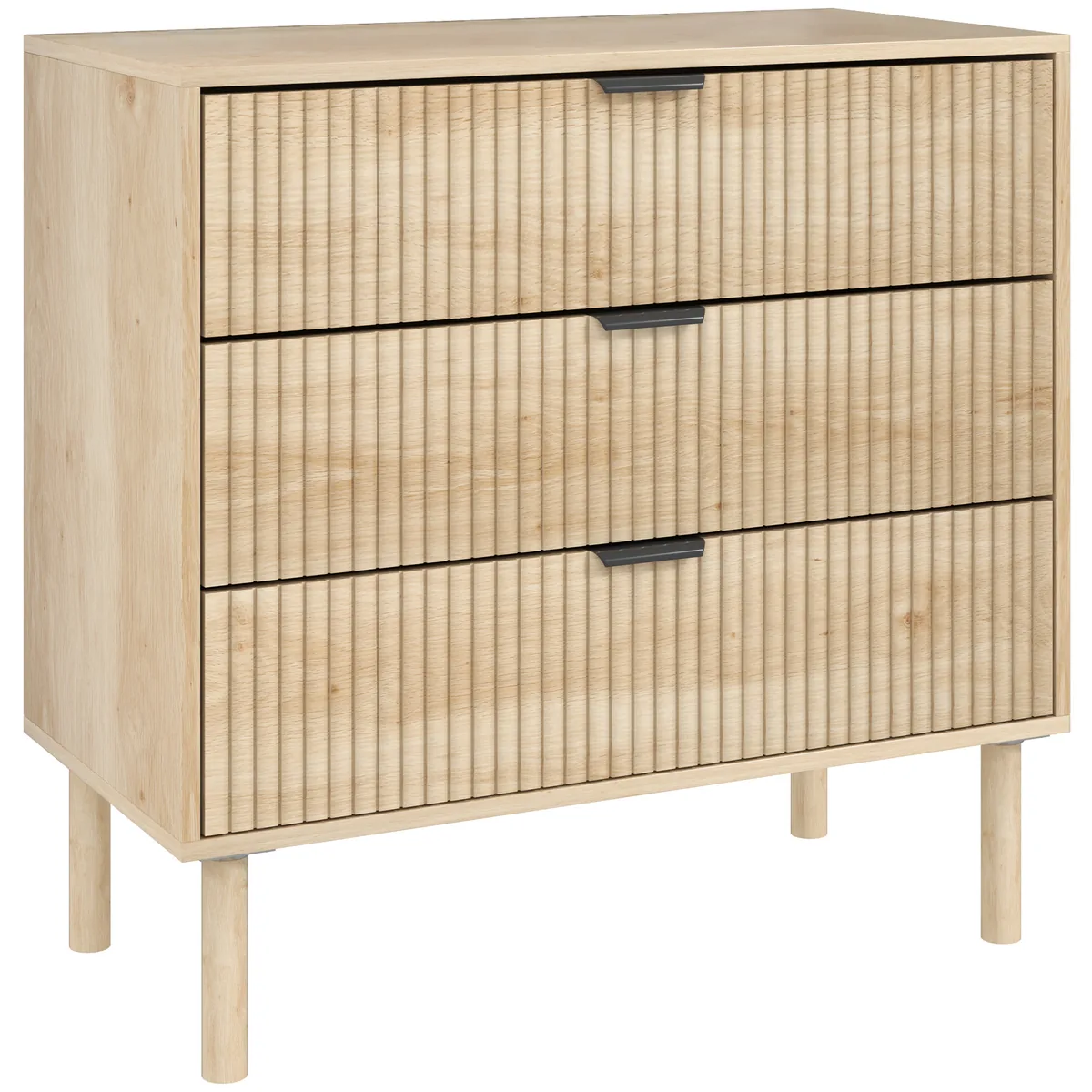 Comodă cu 3 Sertare HOMCOM Canelat 80x40x77.5cm Lemn Natural Picioare Lemn Masiv