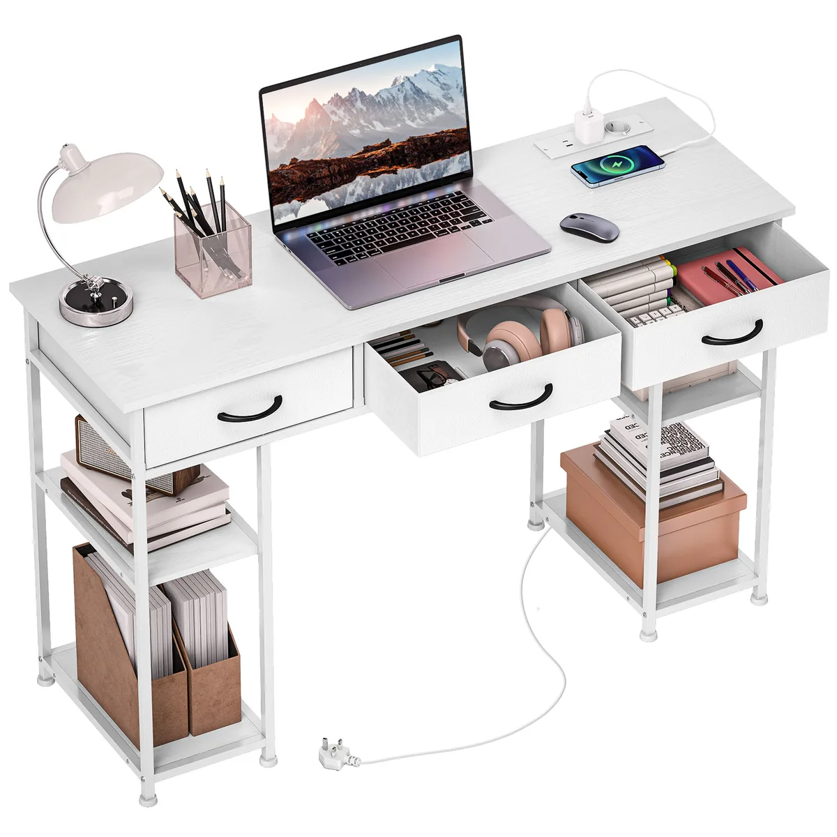 Birou HOMCOM 3 Sertare Textile 4 Rafturi cu Prize USB 120x40x76 cm Alb