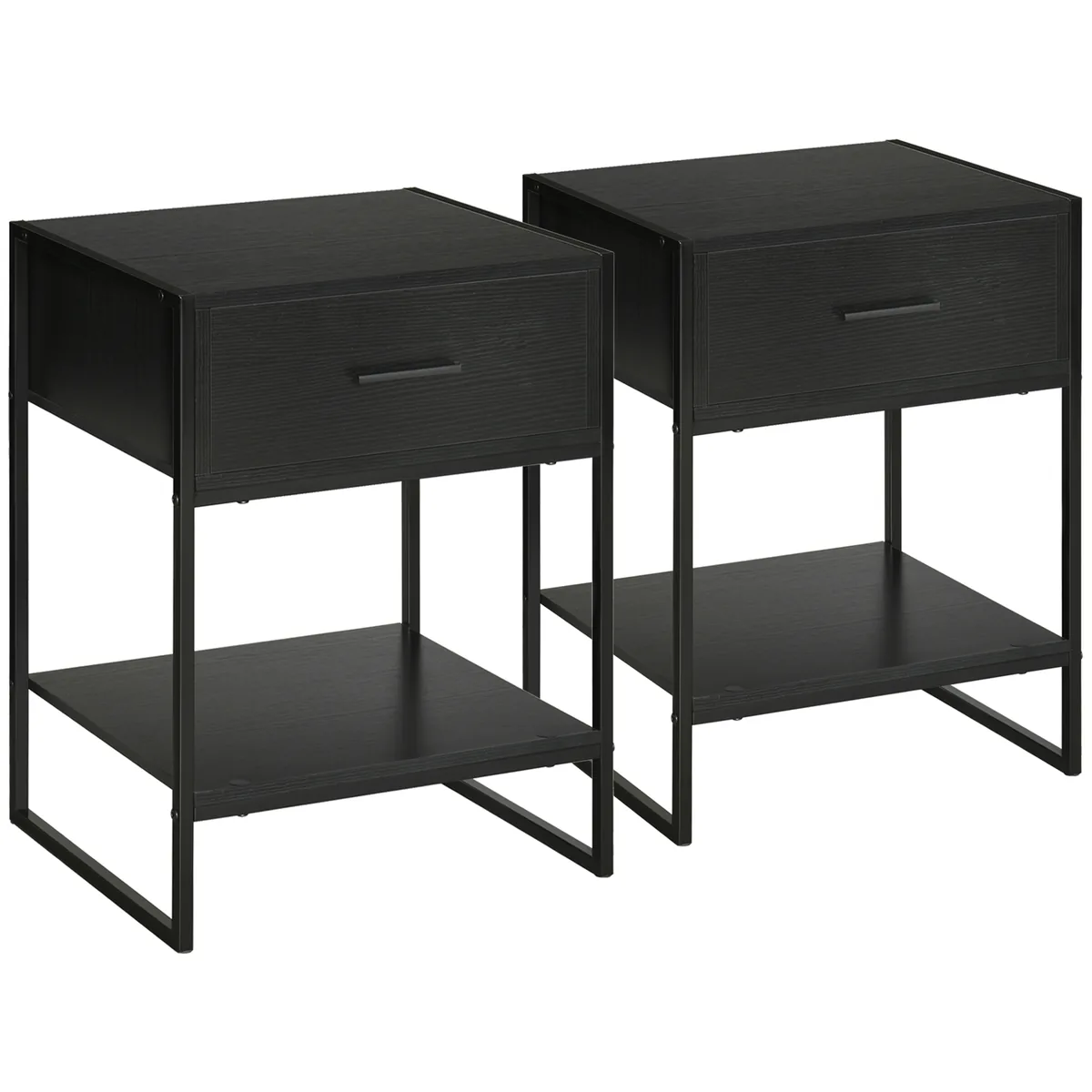 Set din 2 Noptiere HOMCOM Moderne cu Sertar si Raft Negru