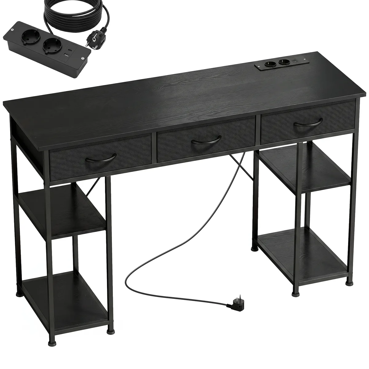 Birou HOMCOM 120x40x76cm 3 Sertare 4 Polițe Prize USB Negru