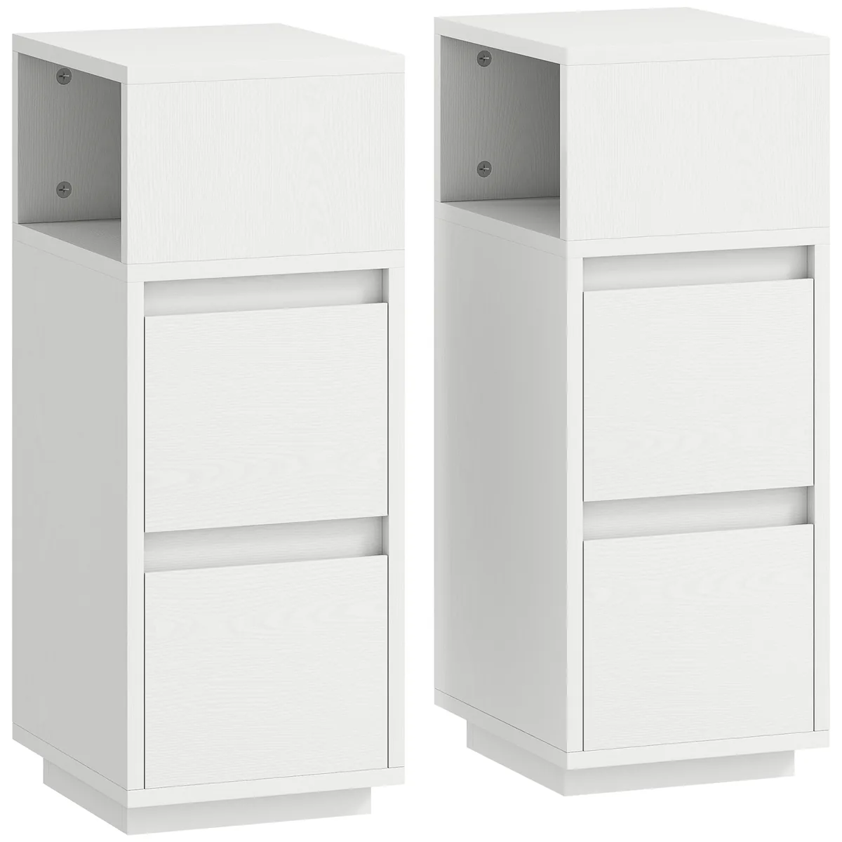 Set de 2 Noptiere HOMCOM cu 2 Sertare si Raft Deschis 25x30x65cm Alb