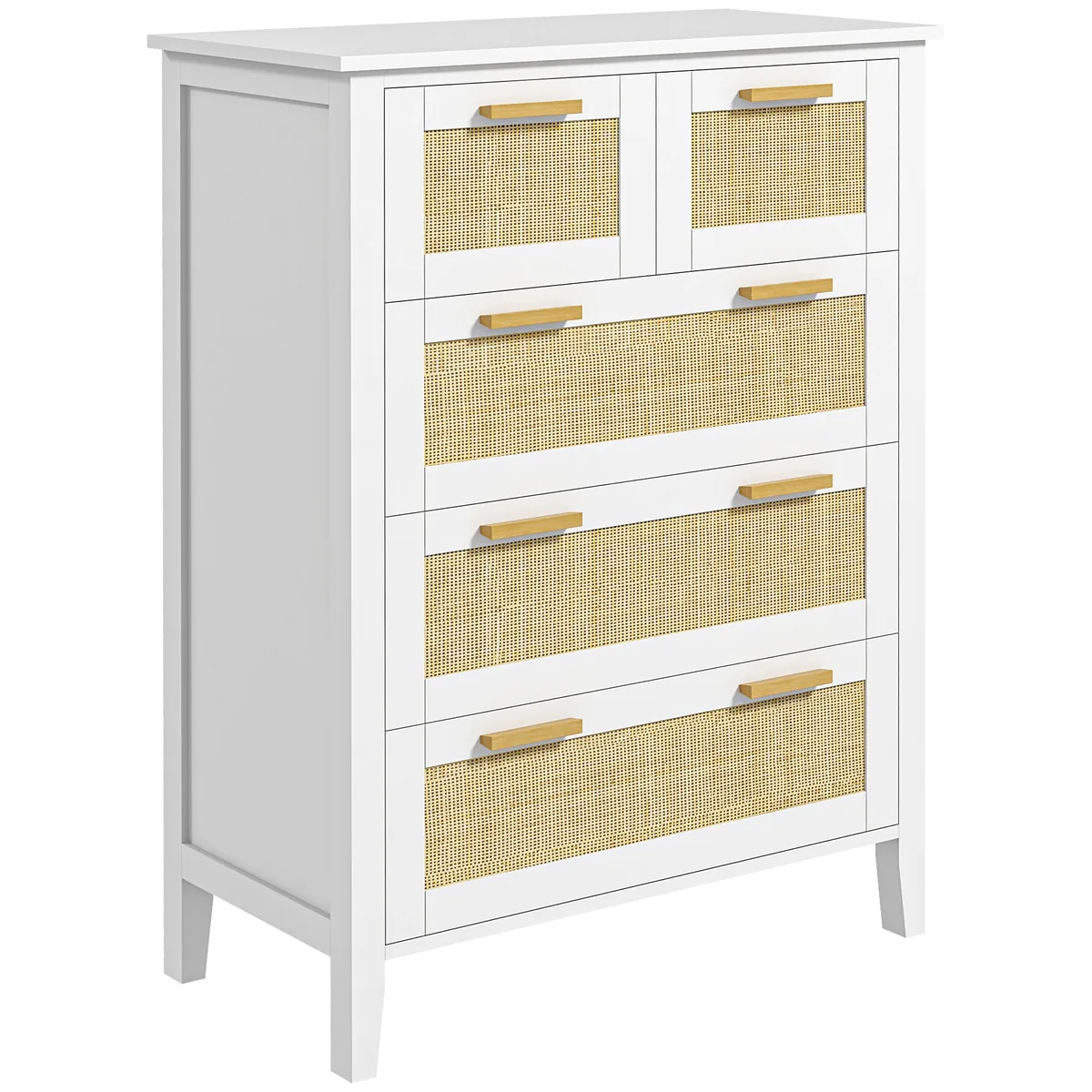 Comoda HOMCOM 5 Sertare Mânere Lemn Masiv Șine Metal 77x37x104cm Alb