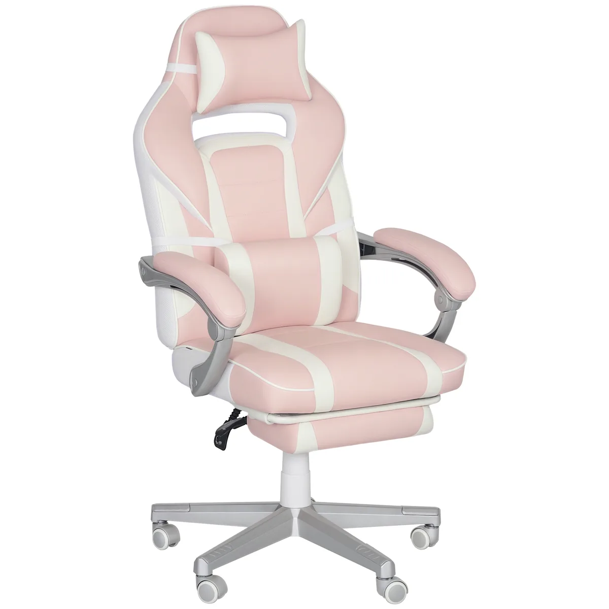 Scaun de Gaming HOMCOM cu Suport Picioare si Perne Cap Lombar Rotativ Reglabil Inaltime Roz
