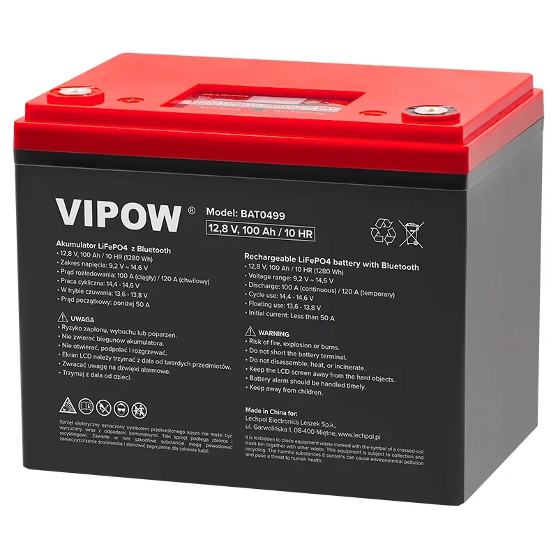 Acumulator LiFePO4 Vipow 12V 100Ah Bluetooth LCD